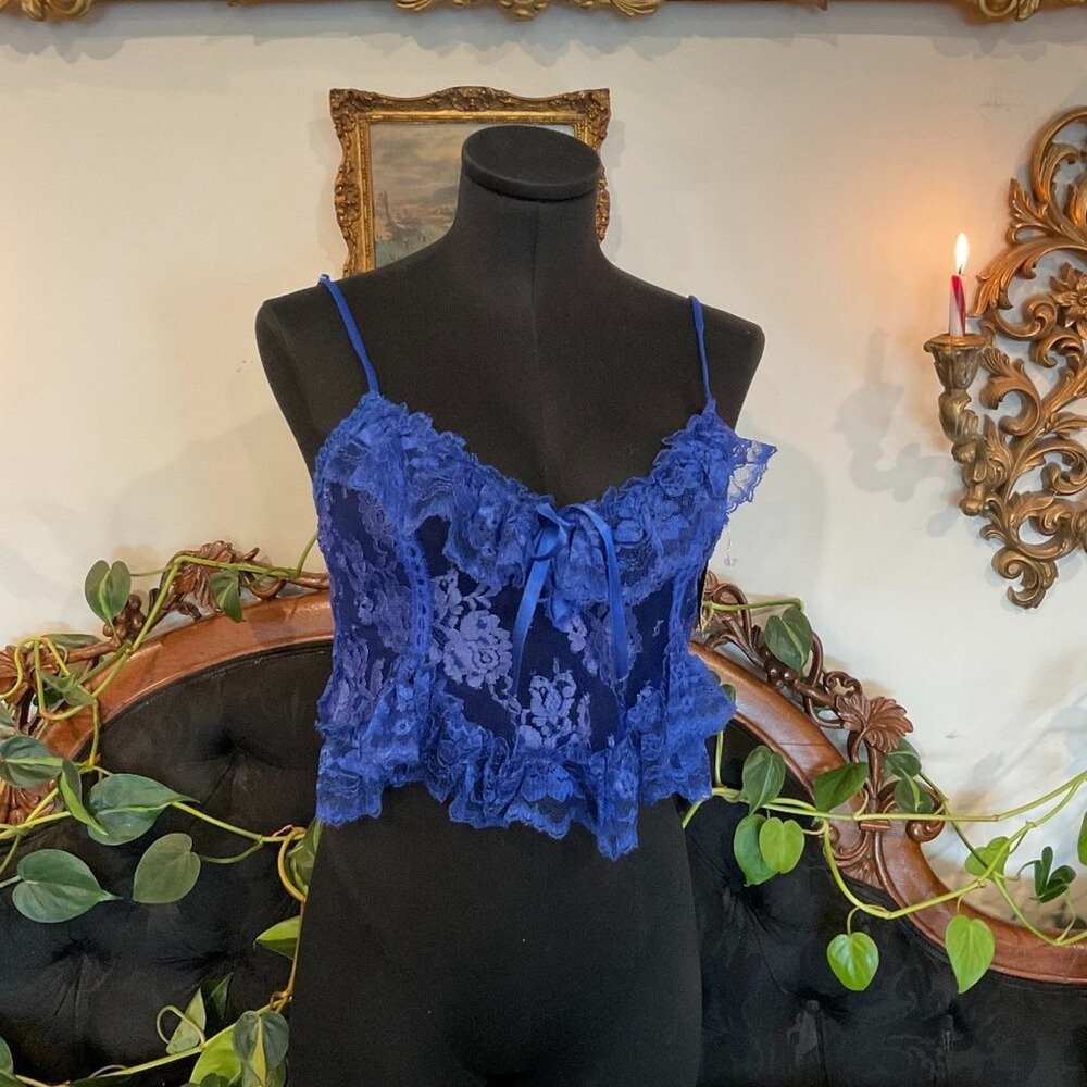 Vintage‎ Escante Sheer Lace Lingerie Top Tie-Front Sleeveless Size L Blue